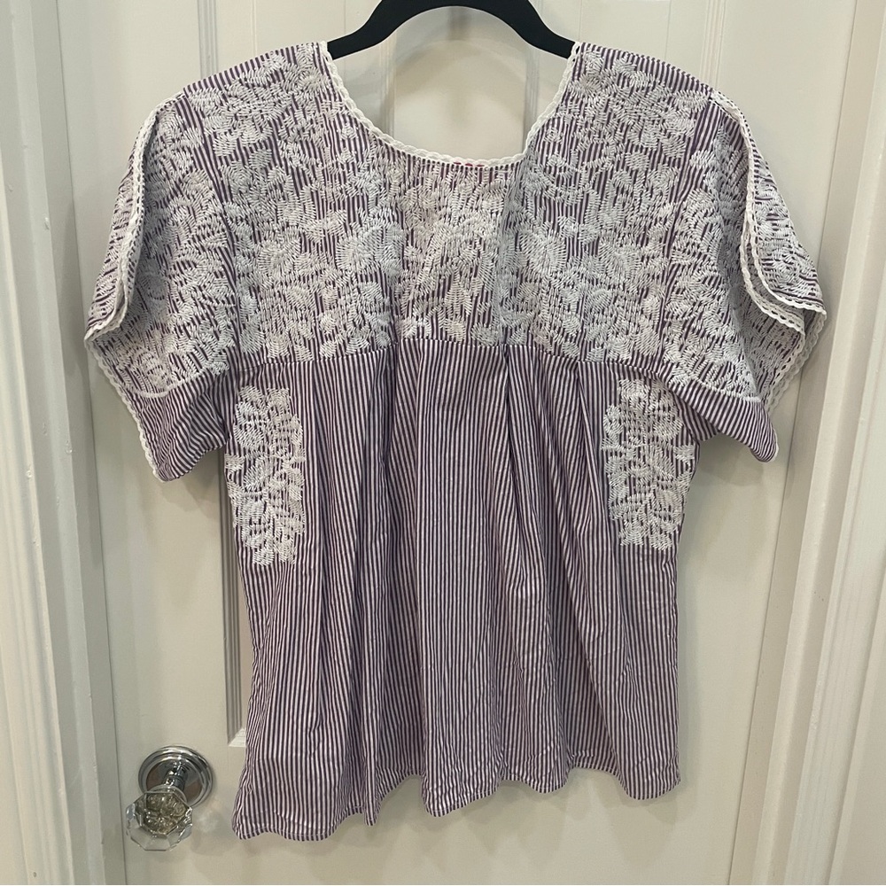 Buddy Love Purple and White Striped Embroidered Mexican style Blouse - Picture 3 of 4